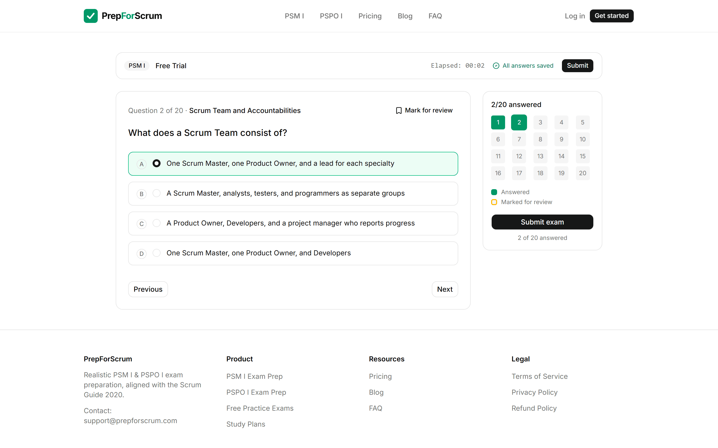 PrepForScrum exam runner: 20-question PSM I mini exam with question palette, timer and autosave indicator