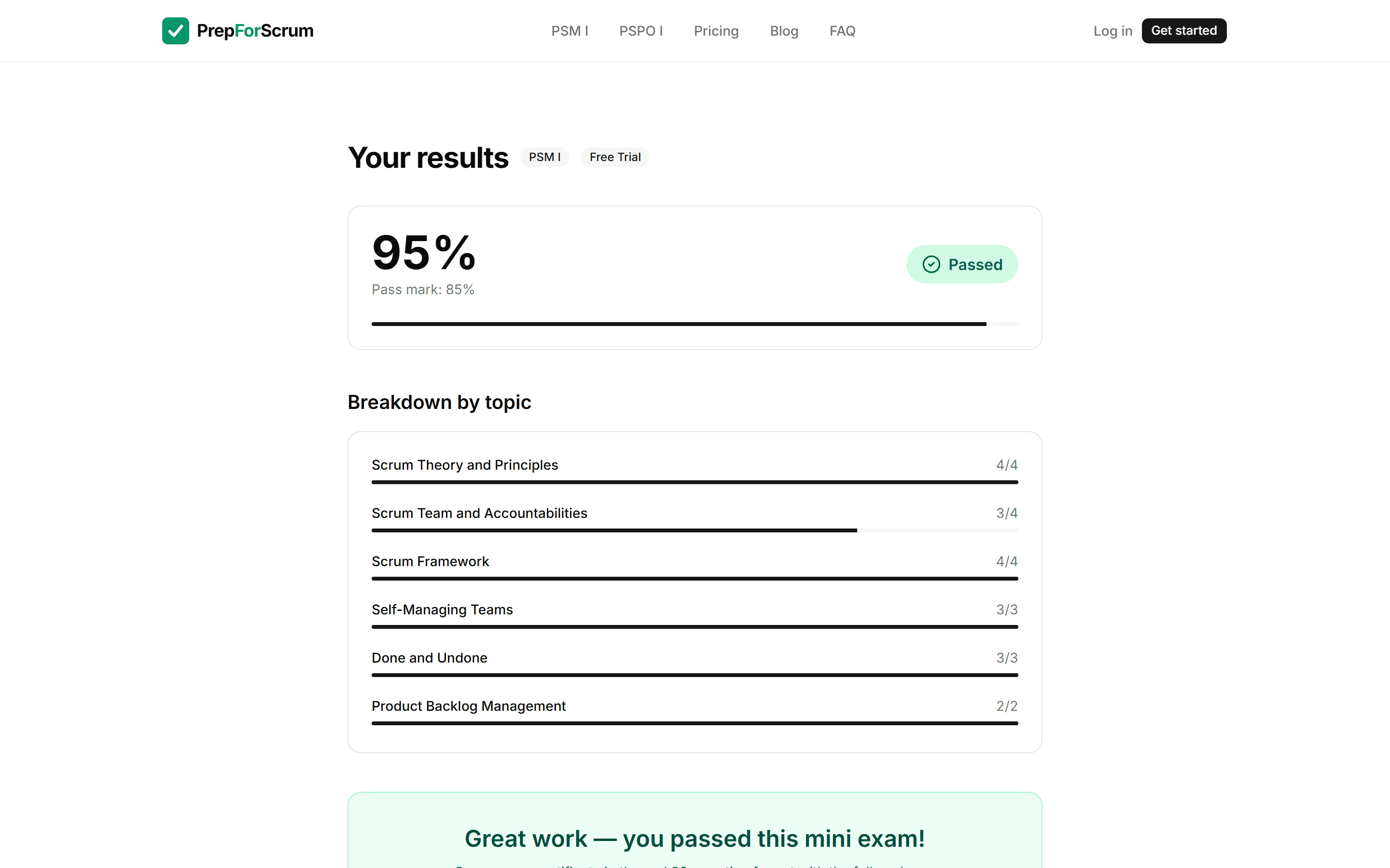 PrepForScrum results page: 95 percent score with passed badge and per-focus-area breakdown